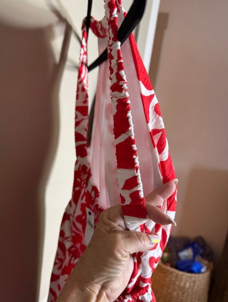 Banana Republic Red & White Linen-Blend Open Back Maxi Dress – XS NEW with Tags