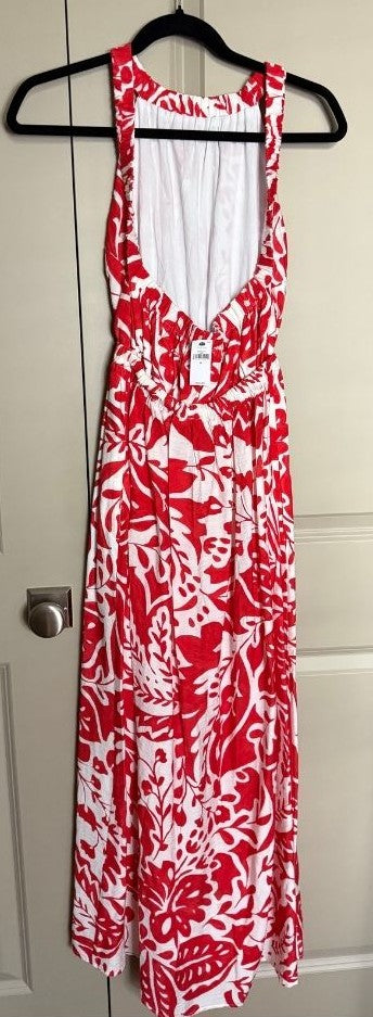 Banana Republic Red & White Linen-Blend Open Back Maxi Dress – XS NEW with Tags