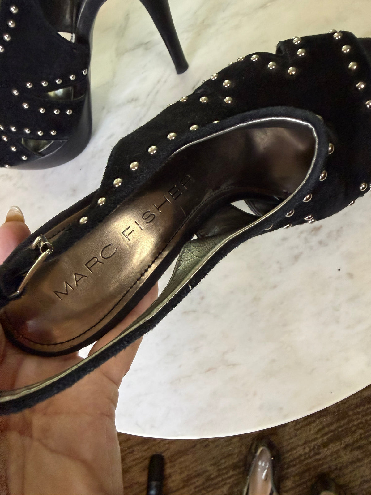 Marc Fisher Teron Black Suede Studded Platform Heels – Size 6