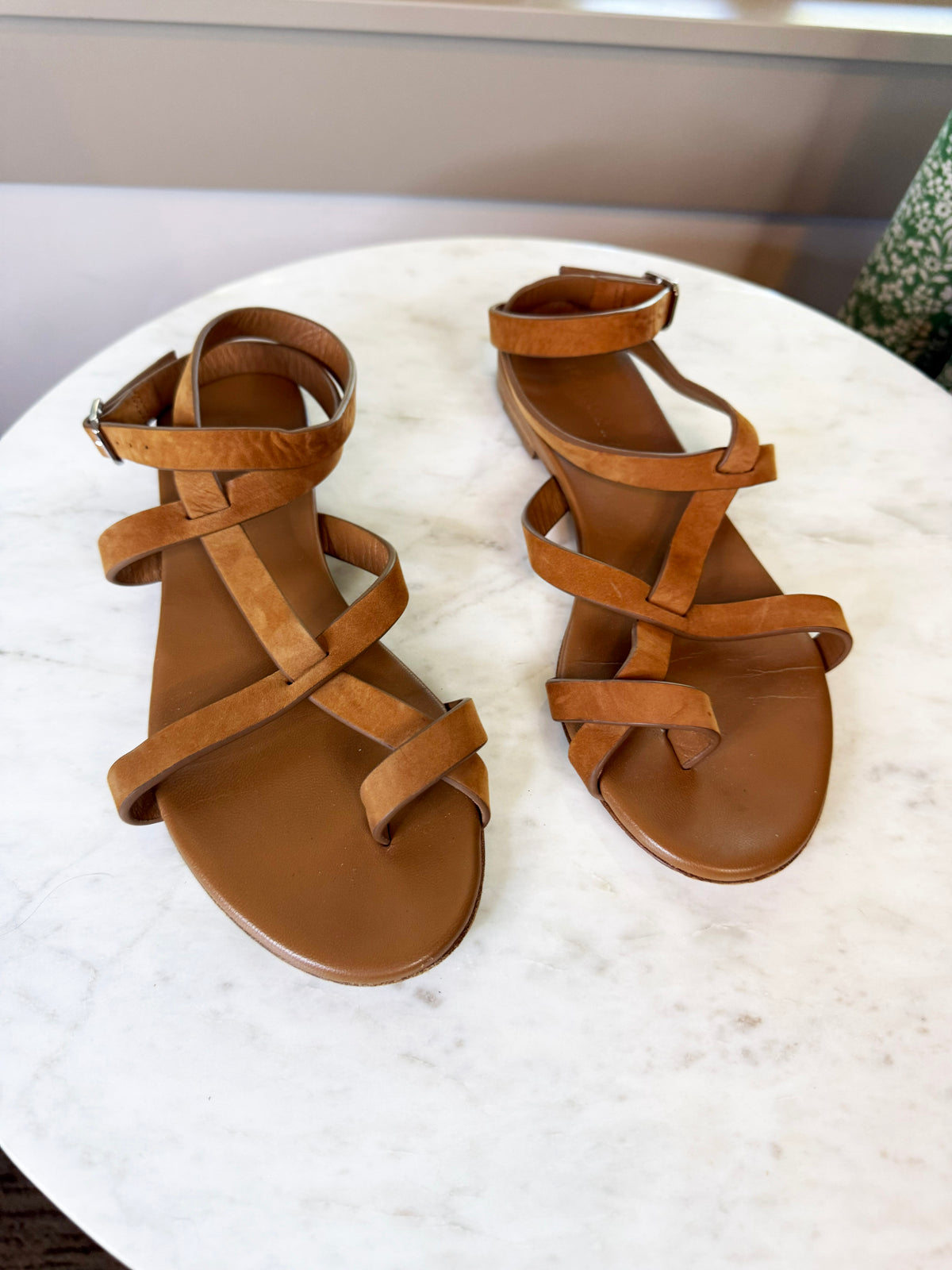 Jenni Kayne Cognac Oiled Leather Strappy Gladiator Sandals
