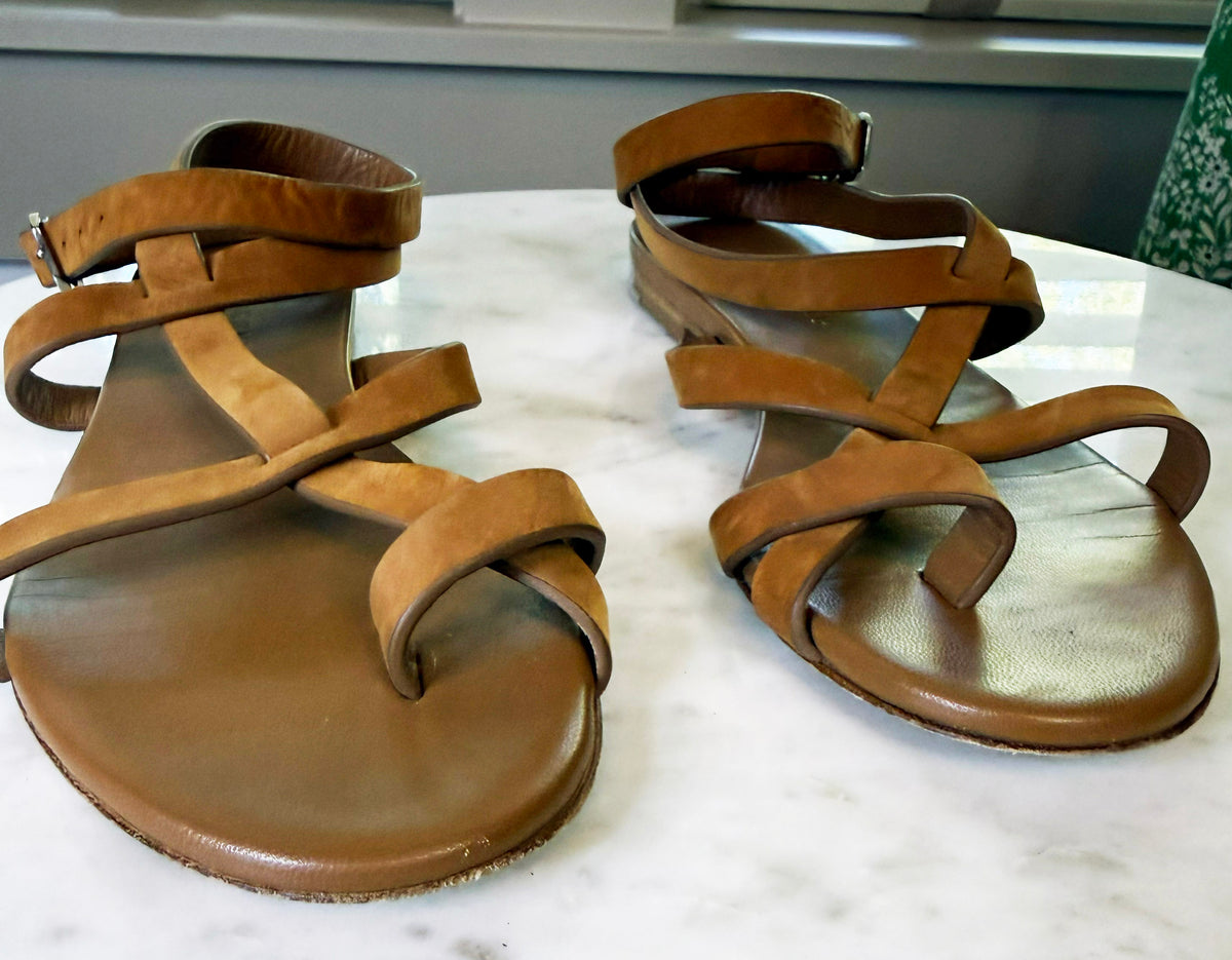 Jenni Kayne Cognac Oiled Leather Strappy Gladiator Sandals