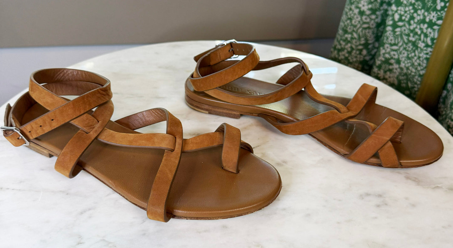 Jenni Kayne Cognac Oiled Leather Strappy Gladiator Sandals